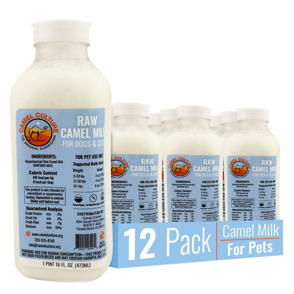 Camel milk for pets packaging with bottles and a box labeled '12 Pack'.