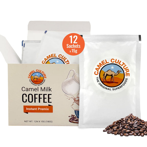 Camel Culture camel milk coffee instant premix packets with coffee beans on a white background