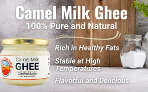 Jar of Camel Milk Ghee with text highlighting its properties on a wooden background