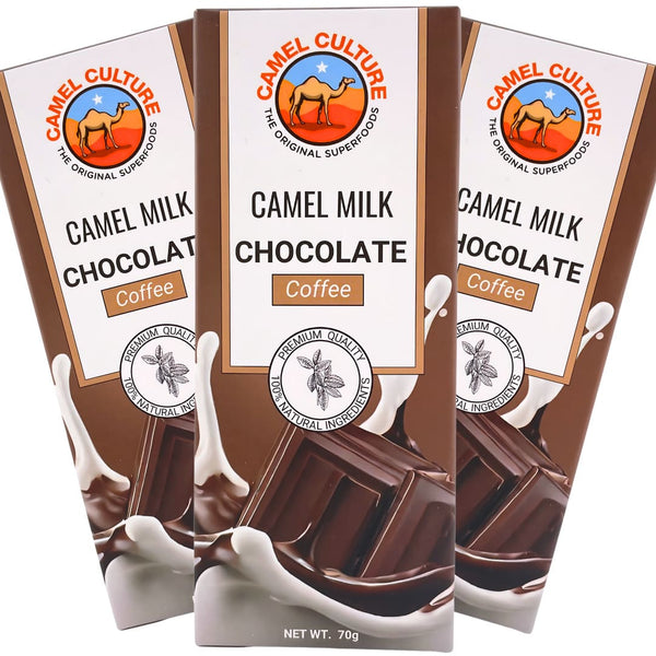 Three packages of Camel Culture camel milk chocolate with coffee flavor on a white background.