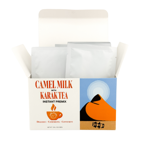 Camel milk with Karaktea instant premix packaging on a white background