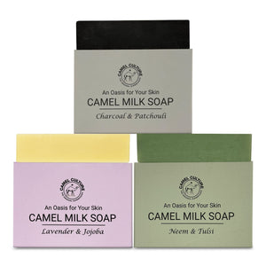 Camel Milk Soap packaging with various scents on a white background