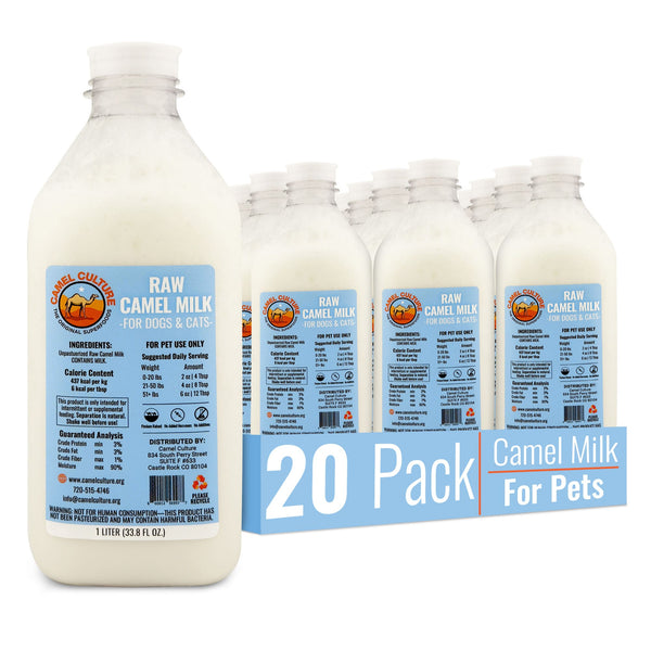 Camel milk bottles with a 20-pack box on a white background