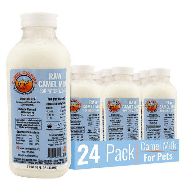 Camel milk for pets packaging with multiple bottles and a 24-pack label.