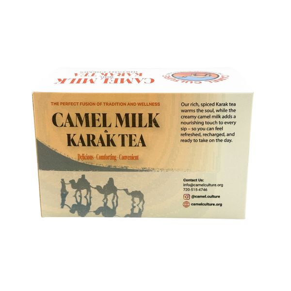 Camel Milk Karak Tea packaging with text and camel illustration on a white background