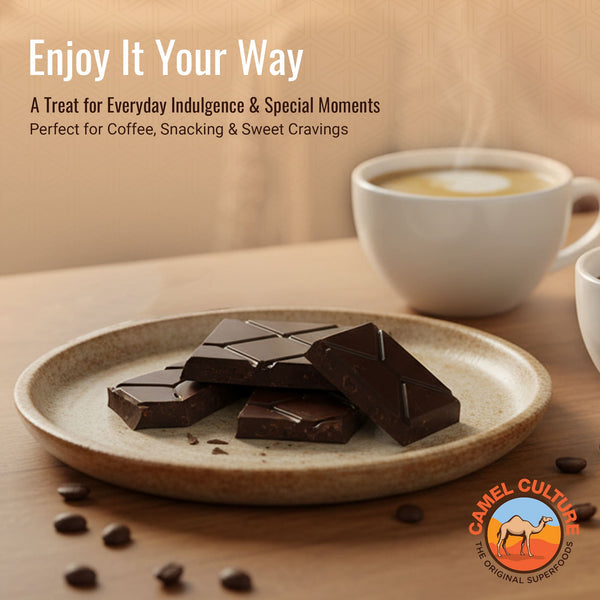Dark chocolate pieces on a plate with a cup of coffee, featuring Camel Culture branding.