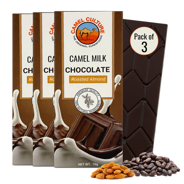 Camel milk chocolate bars with packaging and roasted almonds on a white background