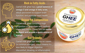 Jar of camel milk ghee with text about its benefits on a wooden surface