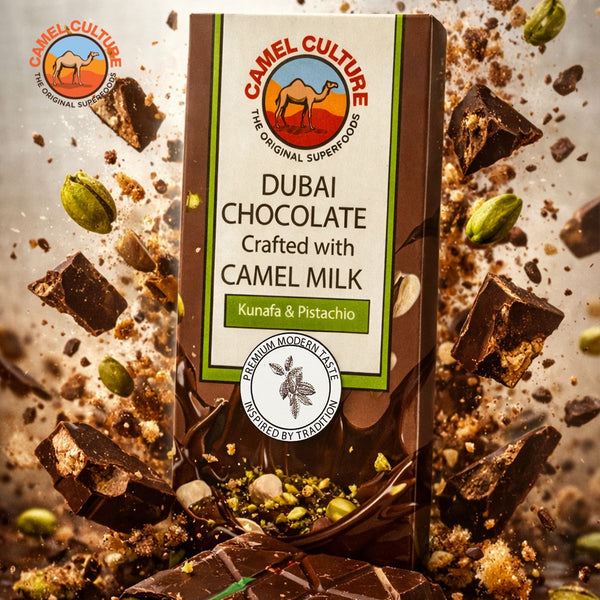 Camel Culture Dubai Chocolate bar with camel milk flavor surrounded by chocolate pieces and pistachios.