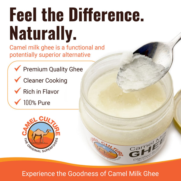 Jar of camel milk ghee with a spoonful being taken, featuring Camel Culture logo and text about benefits.