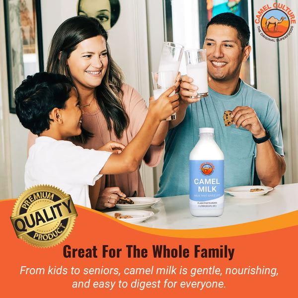 Family enjoying camel milk with a bottle of camel milk in the foreground, featuring Camel Culture branding.