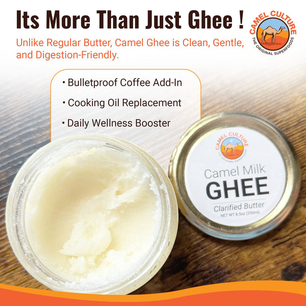 Camel milk ghee with text highlighting its benefits on a wooden surface
