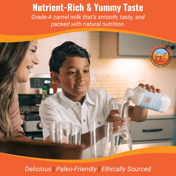 Child pouring camel milk into a glass with a woman in a kitchen setting, promoting camel milk as nutrient-rich and yummy.
