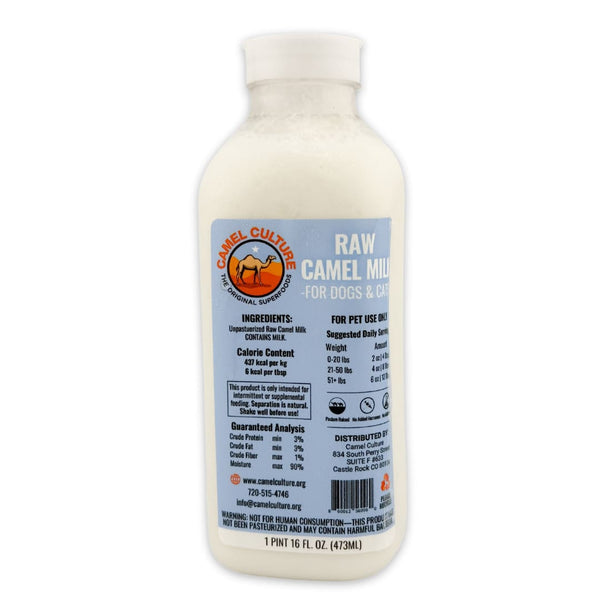 Bottle of Raw Camel Milk for dogs and cats with a label on a white background