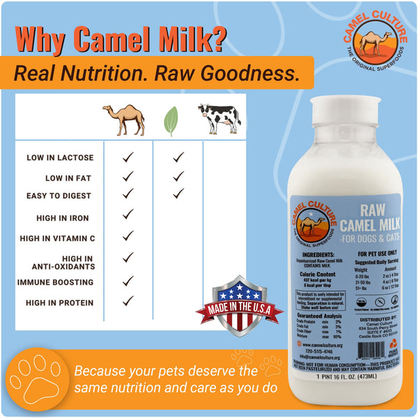 Bottle of raw camel milk for pets with nutritional benefits listed on a blue background