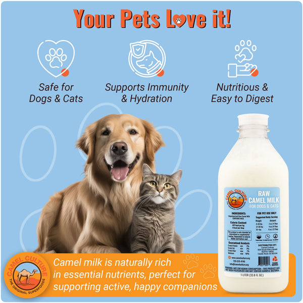 Product packaging for camel milk with a dog and cat, highlighting safety, immunity support, and digestibility.