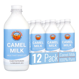 A 12-pack of Camel Culture Camel Milk 100% pure flash pasteurized milk in 1-liter plastic bottles, with one large bottle in the foreground and a multi-pack display behind it on a white background.