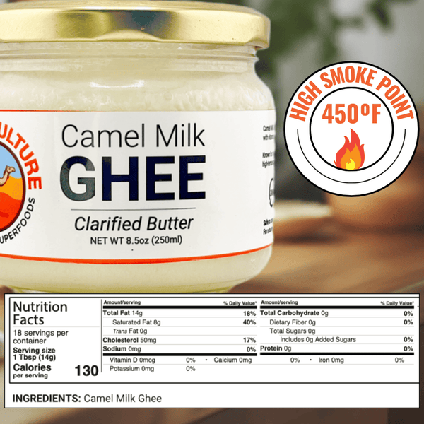 Camel Culture Camel Milk Ghee Jar with nutrition facts and badge indicating a 450F Smoke Point