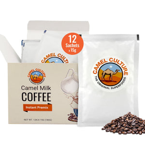 Camel Culture camel milk coffee instant premix packets with coffee beans on a white background