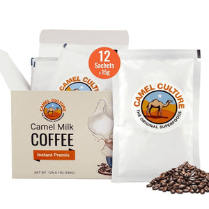 Camel Culture camel milk coffee instant premix packets with coffee beans on a white background