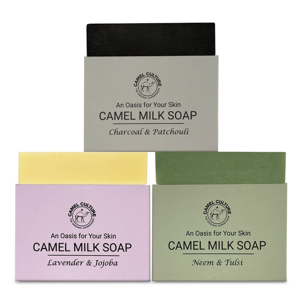 Camel Milk Soap packaging with various scents on a white background