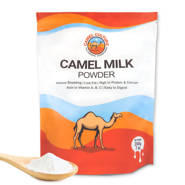 Camel milk powder package with a spoonful of powder on a white background
