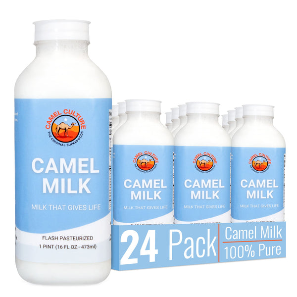 Camel milk bottles with a 24-pack box on a white background