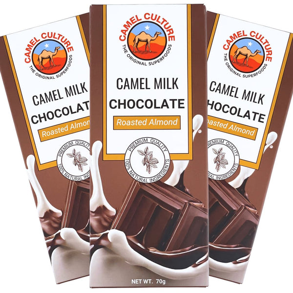Three packages of Camel Culture camel milk chocolate with roasted almond flavor on a white background.