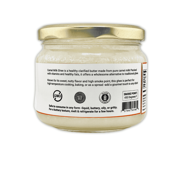 Camel Culture Camel Milk Ghee Jar 250g with view of back label. States that Camel Milk Ghee is a healthy clarified butter made from pure camel milk! Non-GMO, Keto Friendly, and Gluten free.