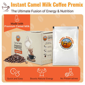 Camel milk coffee premix packaging with text and graphics on an orange background
