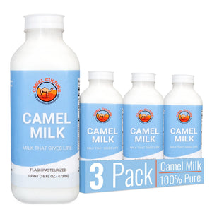 A 3-pack of Camel Culture Camel Milk 1 pint plastic bottles with light blue labels, shown alongside a matching 3-pack cardboard carrier box on a white background.