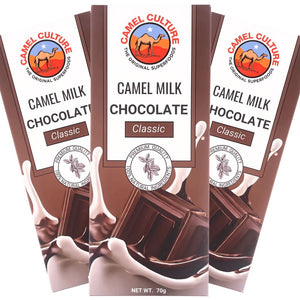 Camel milk chocolate bars with Camel Culture branding on a white background