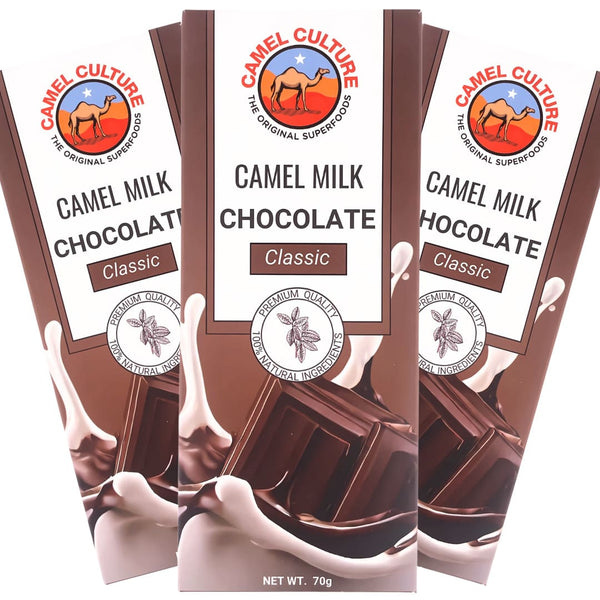 Camel milk chocolate bars with Camel Culture branding on a white background