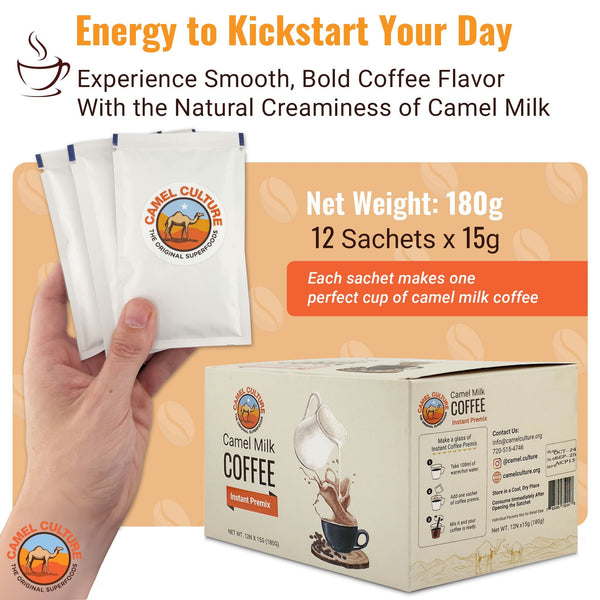 Camel milk coffee package with sachets and box, featuring Camel Culture branding.