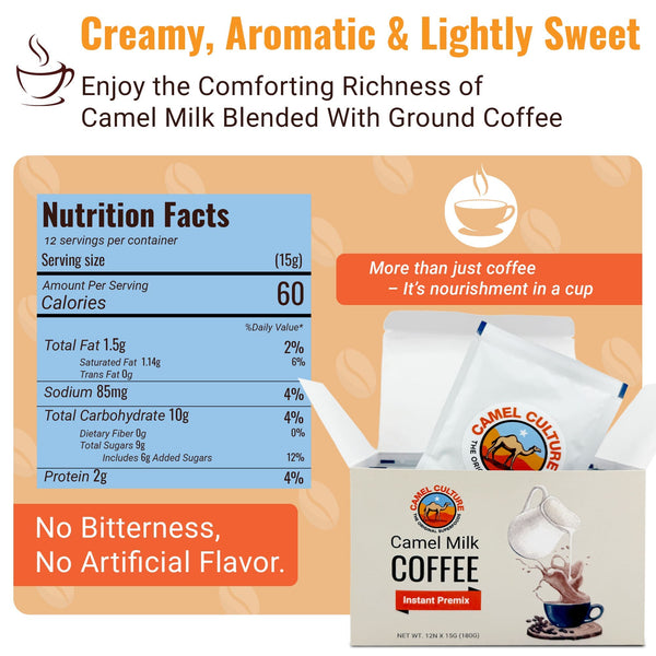 Camel milk coffee package with nutrition facts and branding on a white background