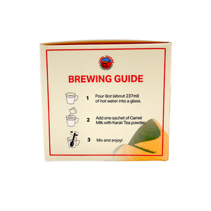 Brewing guide for Camel Milk with Karak Tea powder on a white background