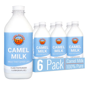 A 6-pack of Camel Culture Camel Milk 1-liter plastic bottles, with one large bottle in the foreground and five smaller bottles behind it in a clear display tray, on a white background.