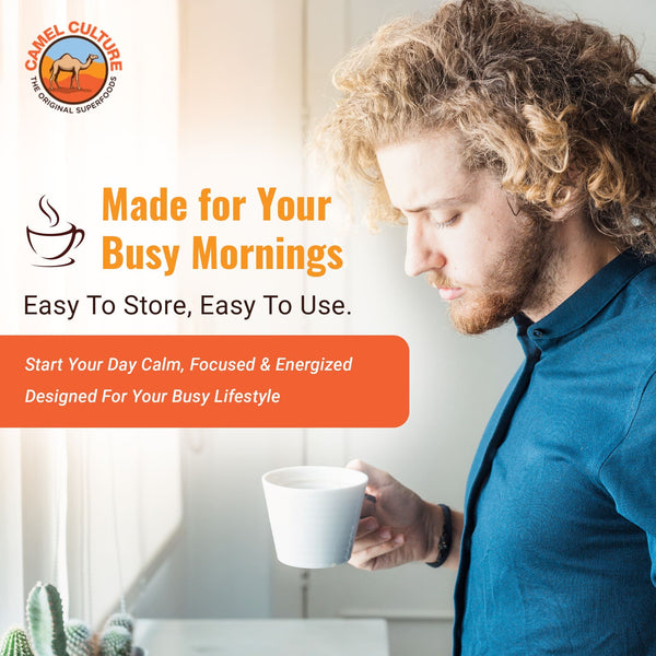 Man holding a coffee cup with Camel Culture branding and product description text.