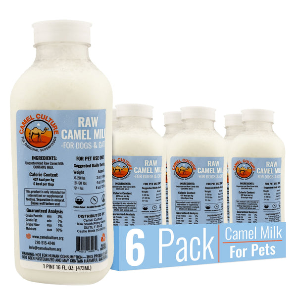 Camel Culture raw camel milk for pets 6-pack on a white background