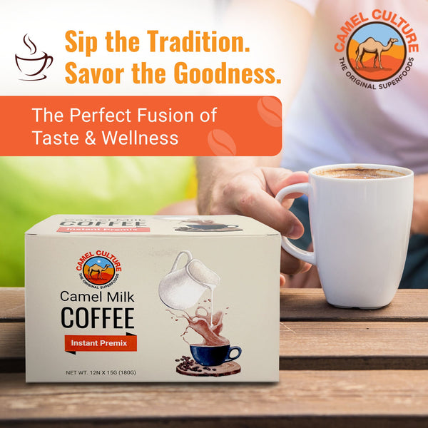 Camel Milk Coffee package with a person holding a cup on a wooden table, featuring Camel Culture branding.