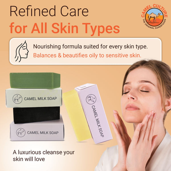 Camel milk soap bars with a woman cleansing her face, set against an orange background.