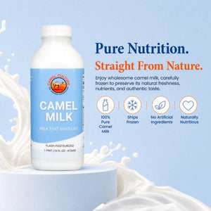 A bottle of Camel Culture Camel Milk on a light blue background with milk splash graphics. The bottle has a white cap and a light blue label with the Camel Culture logo and 'CAMEL MILK' text.
