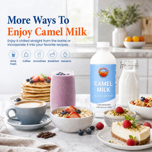 A bottle of Camel Milk and a glass of purple smoothie are displayed on a kitchen counter with breakfast foods, alongside a smaller glass bottle and a cup of coffee. Promotional text on the left reads 'More Ways To Enjoy Camel Milk'.