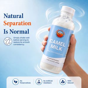 A hand holding a bottle of Camel Milk against a light blue background with promotional text reading 'Natural Separation Is Normal' and feature icons for no preservatives, no artificial stabilizers, and 100% natural.
