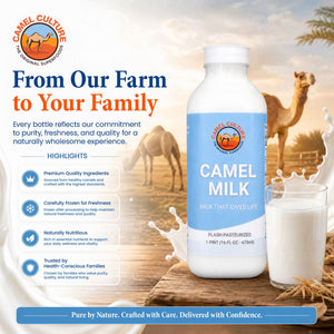 A bottle of Camel Culture Whole Cream Frozen Whole Milk with a glass of milk and camels in the background, set against a promotional ad layout with text highlighting product qualities.