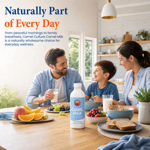 A family of three shares a bowl of cereal at a wooden dining table in a bright kitchen, with a bottle of Camel Milk centered in the foreground. Large promotional text at the top reads, 'Naturally Part of Every Day.