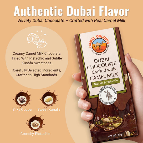 Dubai chocolate bar with packaging and a hand holding it, on a beige background.