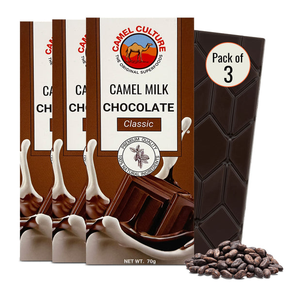 Camel milk chocolate packaging with a pack of three and cocoa beans on a white background