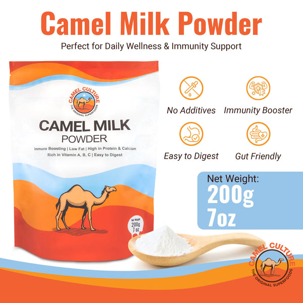 Camel milk powder packaging with a spoonful of powder on a white background