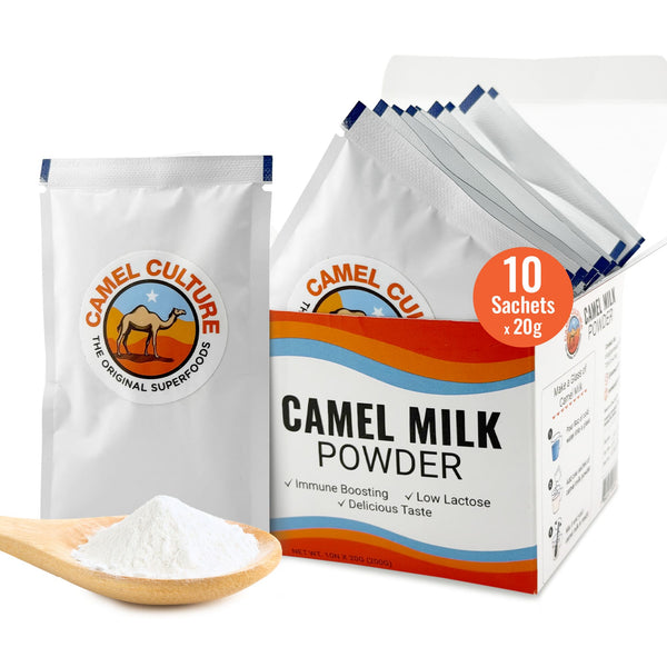 Camel milk powder packaging with a box and a sachet, featuring Camel Culture branding.
